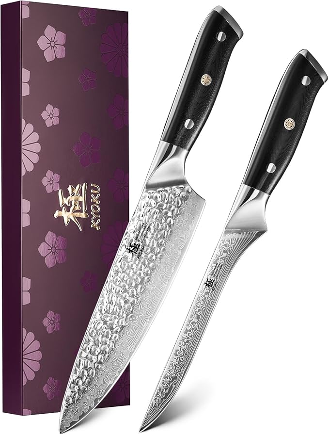 KYOKU Knife Set, 2pc Japanese Kitchen Knife Set for Cooking, 7" Boning 8" Chef Knife with Sheath Gift Box, Professional Sharp Damascus Stainless Steel Knives for Meat Vegetable