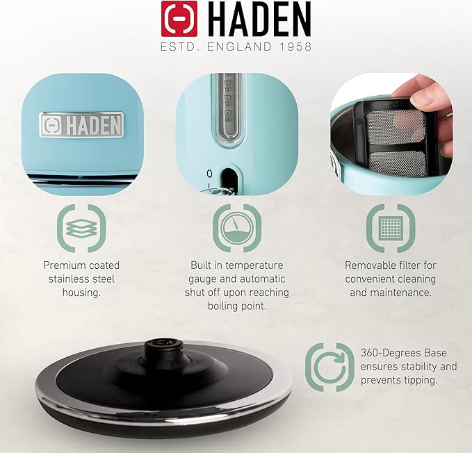 HADEN Coffee Machine, 12 Cup Drip Coffee Maker Bundled with Heritage 1.7 Liter Stainless Steel Electric Kettle, Turquoise & Chrome