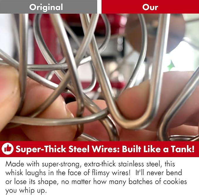 Heavy Duty Whisk Attachment for KitchenAid 5QT Bowl-Lift Stand Mixers- Extra Thick Stainless Steel Wire Whip for Fast Whipping, Perfect for Large Batches, Dishwasher Safe