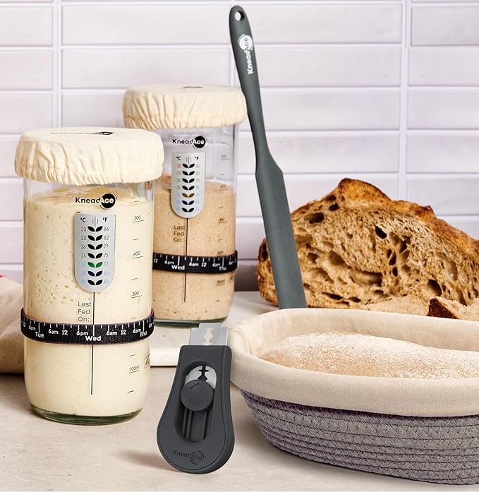 KneadAce Sourdough Starter Kit (24oz Jar, 2xOval Baskets, Gray Bread Lame)