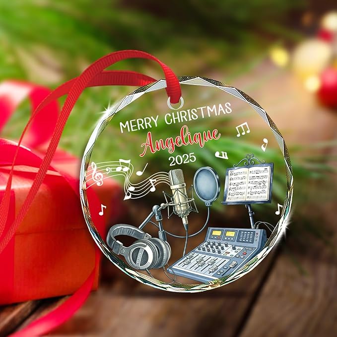 Recording Vocals Instrument Xmas Glass Ornament, Personalized Musical Instrument Christmas Ornament Gifts for Singer Vocalist, Custom Text & Name Singer Recording Vocals Glass Ornament Christmas 2025