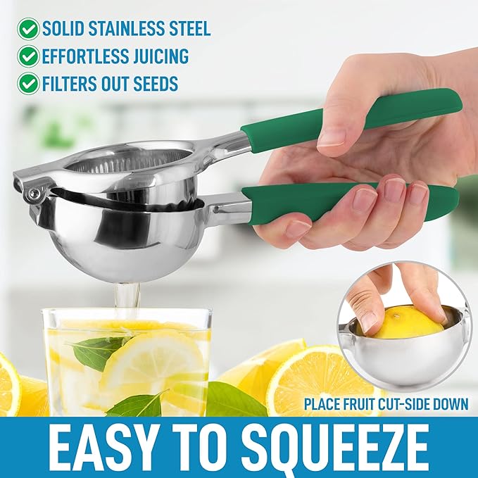 Zulay Kitchen Lemon Squeezer Stainless Steel with Premium Heavy Duty Solid Metal Squeezer Bowl and Food Grade Silicone Handles - Large Manual Citrus Press Juicer and SS Lime Squeezer (Green)