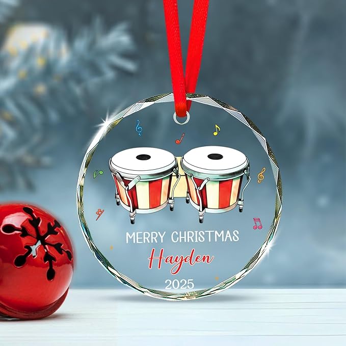 Bongo Drum Player Christmas Ornament Gifts, Personalized Text & Name Musical Instrument Glass Ornament Xmas Tree 2025, Bongo Glass Ornaments Gifts for Drummer Music Lovers, Custom Musician Ornaments
