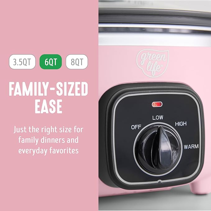 GreenLife 3.5QT Slow Cooker, Non-Toxic PFAS-Free Ceramic Nonstick Removable Interior Bowl, Programmable, Keep Warm, Stovetop & Oven Safe, Dishwasher Safe Parts, Glass Lid, Pink