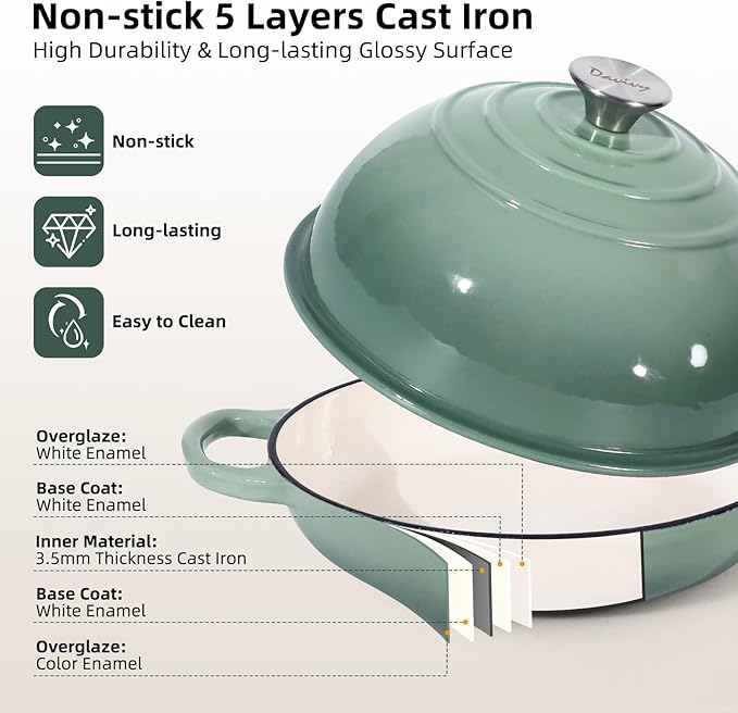 Davivy 5.5QT Sourdough Dutch Oven with Domed Lid, 10" Round Bread Dutch Oven, Enameled Cast Iron Bread Oven, Bread Oven for Sourdough Bread - Sea Salt Green