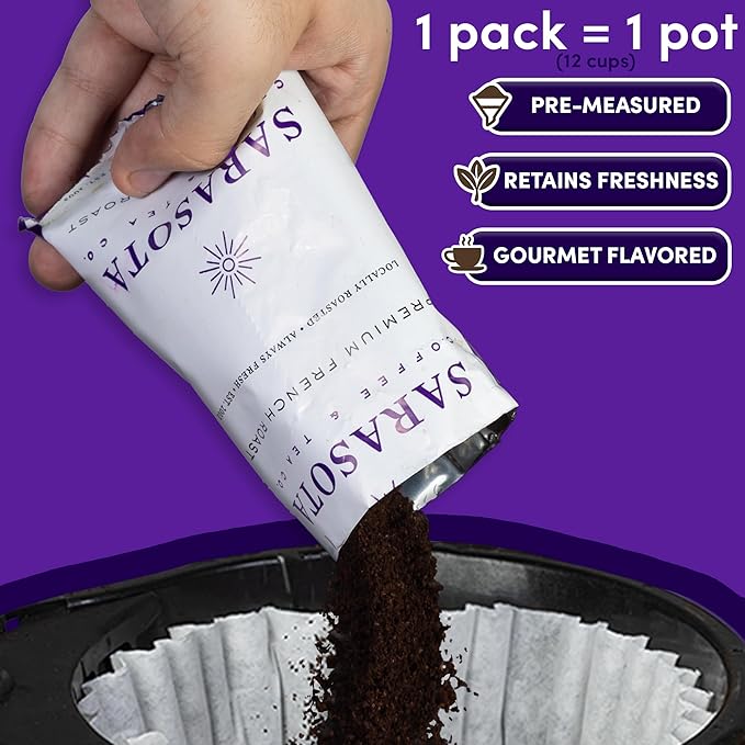 Sarasota Coffee Ground Packets | Gourmet Dark French Roast Ground Coffee Packs | Cubano European | Low Acid Mold Free Singles Individual Pouches for 12 Cup Coffee Maker | 2 Ounce Bags, 12 Count