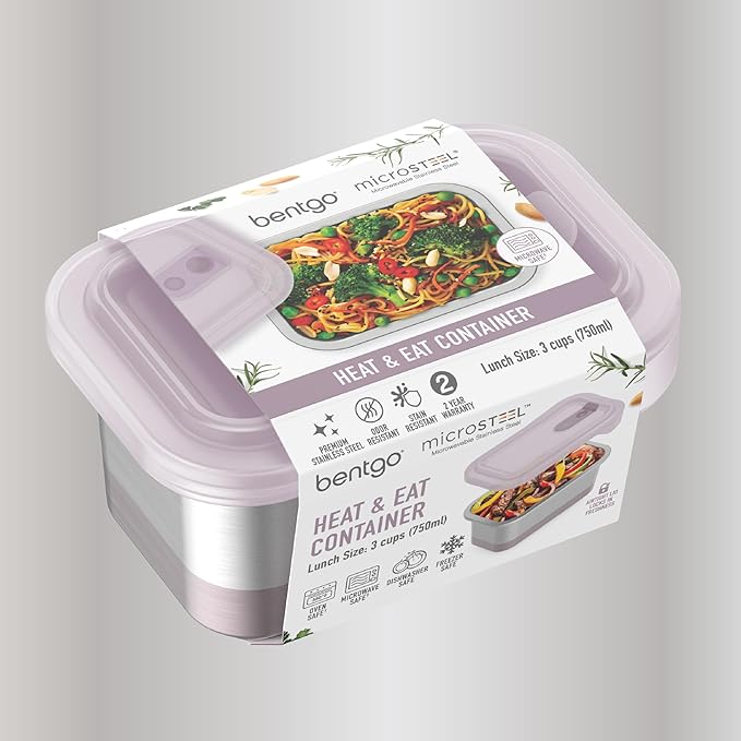 Bentgo MicroSteel Heat & Eat Container – Microwave-Safe, Leak-Proof, Easy-to-Clean, Lightweight Stainless Steel Reusable Food Storage with Airtight Silicone Lid (Lunch Size; 3-Cup Capacity; Dusk)