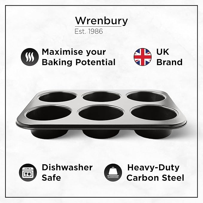 Wrenbury Jumbo Muffin Pan 6 Cup - Nonstick XL Deep Muffin Pan for Baking 3.75" Cup - Big Cup Tin - Oversized Extra Large Cupcake Mold - Dishwasher Safe - PTFE Free