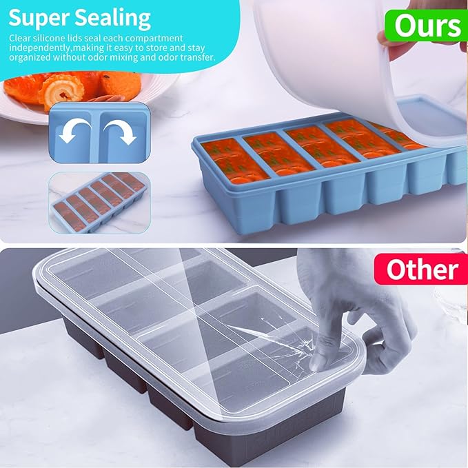 1/2 Cup Silicone Freezer Tray With Lid - Silicone Freezer Molds 2-Pack For meal prep & freezing of various sauces and other dishes, makes 12 perfect 1/2 cup portions cubes (Blue 2 Pack)
