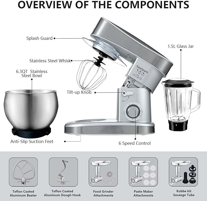 Multifunctional Stand Mixer 6.3Qt 6-Speed Tilt-head, Electric Kitchen Mixer with Stainless Steel Bowl,Meat Grinder, Juice Blender (Silver)