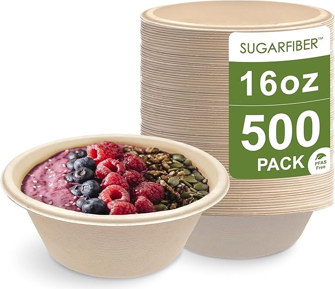 [500 Count]Harvest Pack 16oz PFAS FREE Round Paper Bowls Bulk, Compostable Heavy-Duty Eco-Friendly Disposable Bagasse Acai Bowls, Sugarcane Natural plant fibers for Meal Prep Takeout Dinnerware