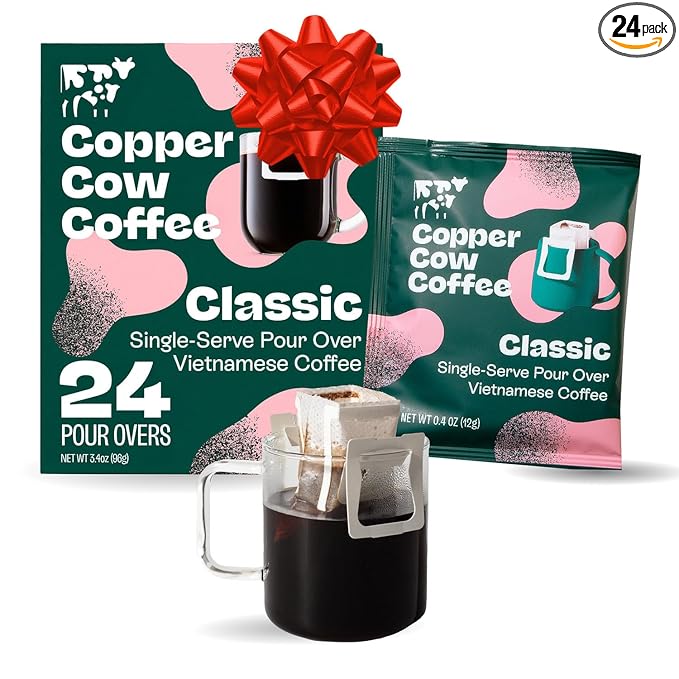 Copper Cow Coffee Premium Pour Over Single-Serve Vietnamese Coffee Pouches (24 pack) | Classic Black | Dark Roast | Convenient Vietnamese Ground Coffee Packets, Travel Friendly
