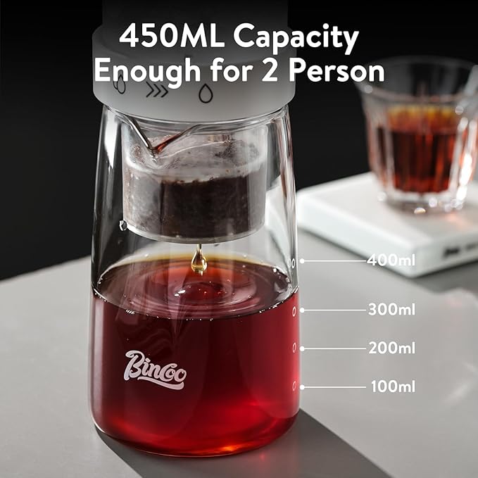 Cold Brew Coffee Maker 450ml-Bincoo High Borosilicate Glass Ice Drip Coffee Brewer,Adjustable Dual-Outlet Drip Speed, Constant Pressure Brewing