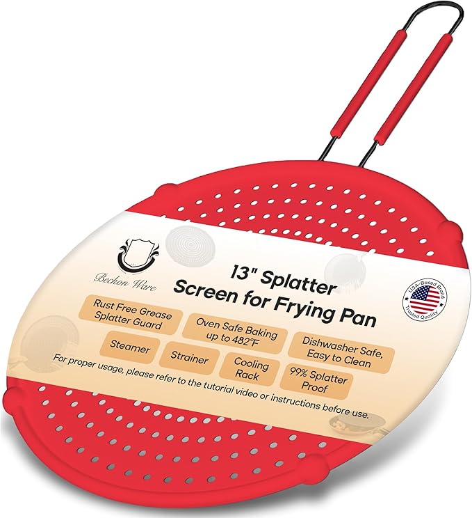 Frying Pan Splatter Screen | USA Brand | 13-Inch Red, Fit Pans (12" to 13") Silicone Grease Splatter Guard for Frying Pan and Stove by Beckon Ware