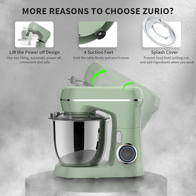 Stand Mixer, 5.5 Quart, 10 Speed Tilt-Head Kitchen Mixer, Copper Motor, Household Food Mixer with Bowl, Flat Beater, Dough Hook, Egg Whisk (450W Green)