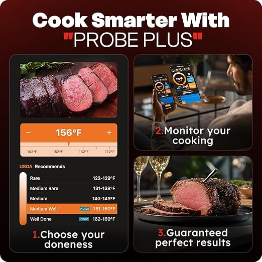 Smart Wireless Meat Thermometer with Ultra-Thin Probe, 6 Sensors Accuracy Digital Food Thermometer 0.5S Instant Read, IP67 Waterproof for BBQ, Grill, Smoker, Oven, Air Fryer,Red