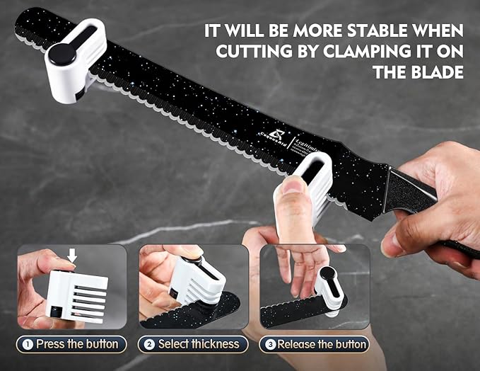 2025 Upgrade Bread Knife for Homemade Bread, World‘s 1st Double Serrated Knife with 5 Thickness Adjustable Slicing Guide, Stainless Steel Bread Cutter, Razor Sharp for Sourdough, Black