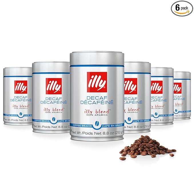 Illy Whole Bean Coffee, Decaffeinated - Medium Roast - Mild & Balanced - 100% Arabica - Whole Beans - Pressurized Packaging Sealed for Freshness - 8.8oz can (Pack of 6)