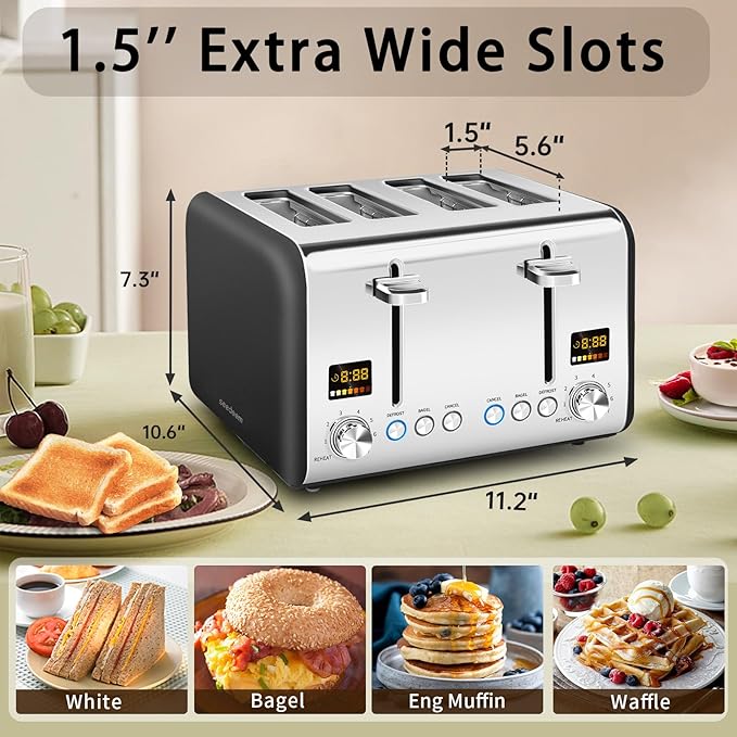 SEEDEEM 4 Slice Stainless Toaster - Color LCD Display, 7 Shade Settings, 1.5'' Wide Slots, Bagel/Defrost/Reheat Functions, Removable Crumb Tray, Dark Chocolate, 1800W
