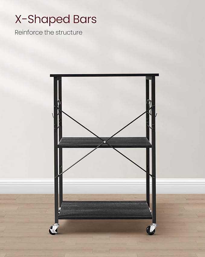 VASAGLE Kitchen Shelf on Wheels, Serving Cart with 3 Shelves, Kitchen Cart, Microwave Shelf, for Mini Oven, Toaster, with 6 Hooks, Industrial Stylee, Ebonized Oak Finish and Black UKKS060B42
