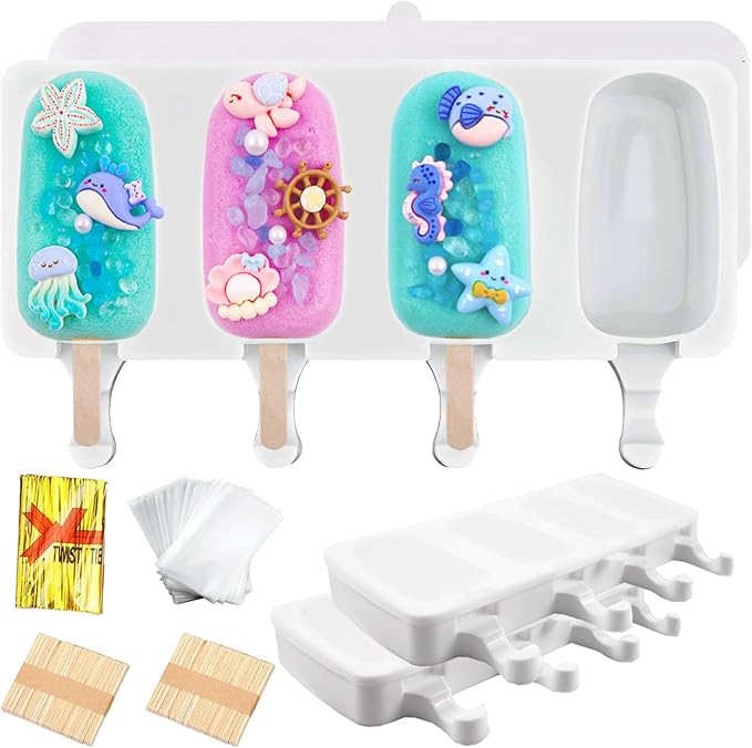 3pcs Large Silicone Popsicle Molds with Lids,4 Cavities Cake Pop Molds,Oval Ice Cream Bar Mold Ice Pop Cakesicle Molds Silicone with 100 Wooden Sticks & 100 Bags &100 Twist Ties(White)