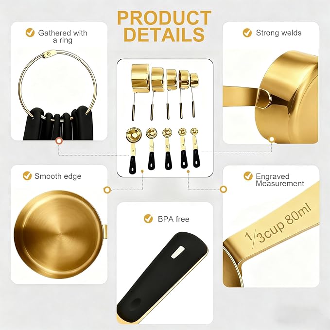 Measuring Cups and Spoons Set, R Gold Plated Stainless Steel 10 Piece for Cooking and Baking (5 Cups + 5 Spoons Gold)