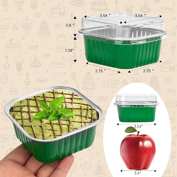 50 Pcs Mini Square Baking Cups with Lids,5oz Aluminum Foil Mini Cake Pans with Lids,Disposable Ramekins Cake Pans,150ml Dessert Cups Cupcake Pans for Wedding Birthday Party,Dark Green
