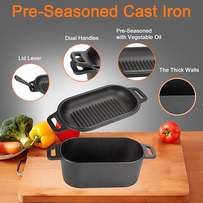 2-in-1 Pre-Seasoned Cast Iron Dutch Oven Pot with Lid as Skillet, Grill Pan, with Lid Lever, Dual Loop Handles, Oval Heavy Dutch Oven for Bread Baking, Frying, Camping, BBQ, 3.8 QT Black