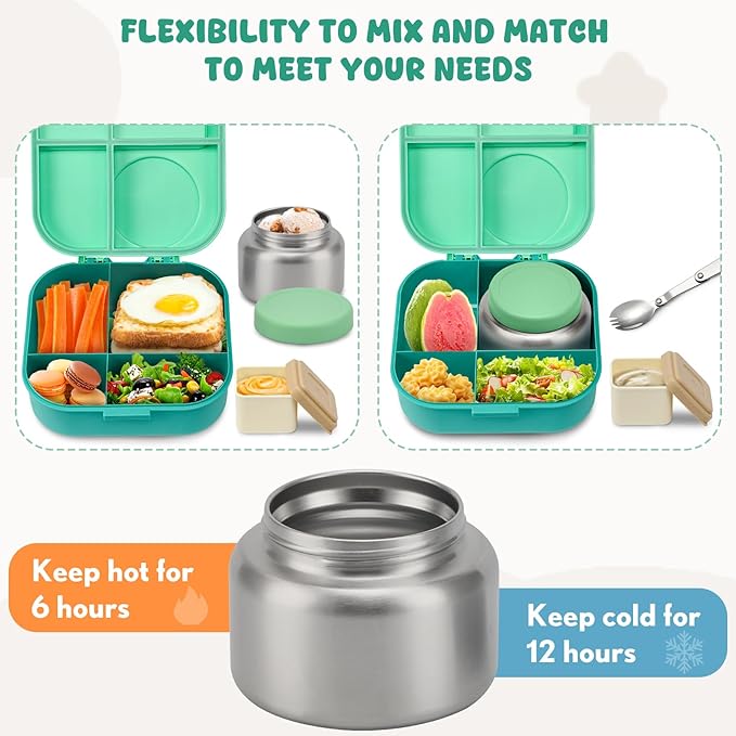 Bento Lunch Box with 12oz Soup Thermo,4 Compartments Lunch Box Containers, Spoon&Sauce Jar, BPA Free&Leak proof,Insulated Food Jar for Travel (Green)