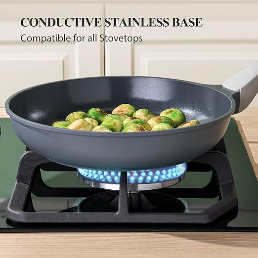 PRICUSIS Nonstick Ceramic Frying Pan, 8/10/12 Inch Non Toxic Skillet, Egg & Omelet & Chef's Pan, Induction Compatible & Oven Safe, Dishwasher Safe,PTFE PFAS & PFOA Free (8-Inch, Gray)