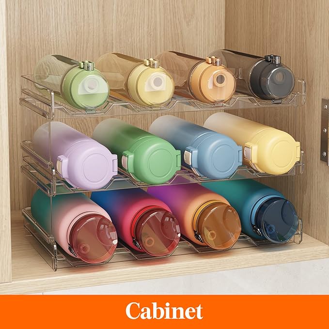 Lifewit Stackable Water Bottle Organizer for Cabinet, Plastic Bottle Holder Fits Bottles & Tumblers up to 3.8" Diameter, Pantry, Countertop & Fridge, 3 Tier Holds 12 Bottles, 2 Pack