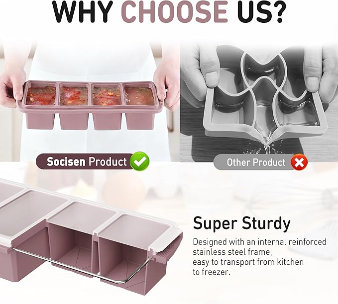 Silicone Freezer Tray with Lid Soup Freezer Container Molds with Steel Reinforced Rim Large Ice Cube Tray Makes 8 Perfect 1 Cup Portions Cubes Storage Food Containers House Essentials for New Home