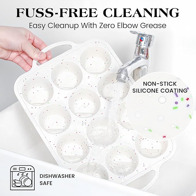 Regular 12 Cup and Mini 24 Cup Nonstick Cupcake Pan Set Silicone Muffin Pan for Baking Silicone Cupcake Mold with Metal Reinforced Frame BPA Free (2 Pcs, Cream)