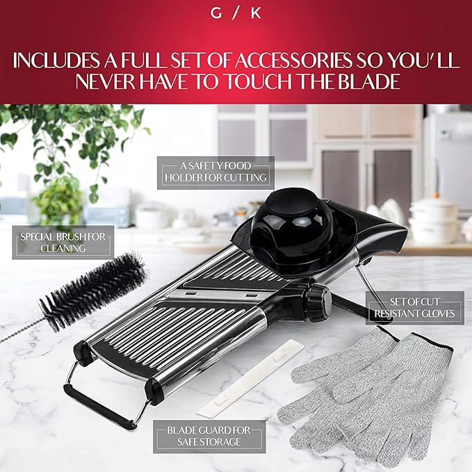 Gramercy Adjustable Mandoline Food Slicer, Mandoline Slicer for Kitchen, Mandolin, Potato, Tomato, Carrot, Vegetable, Fruit and Onion Cutter - Stainless Steel - INCLUDING 1 Pair Cut-Resistant Gloves