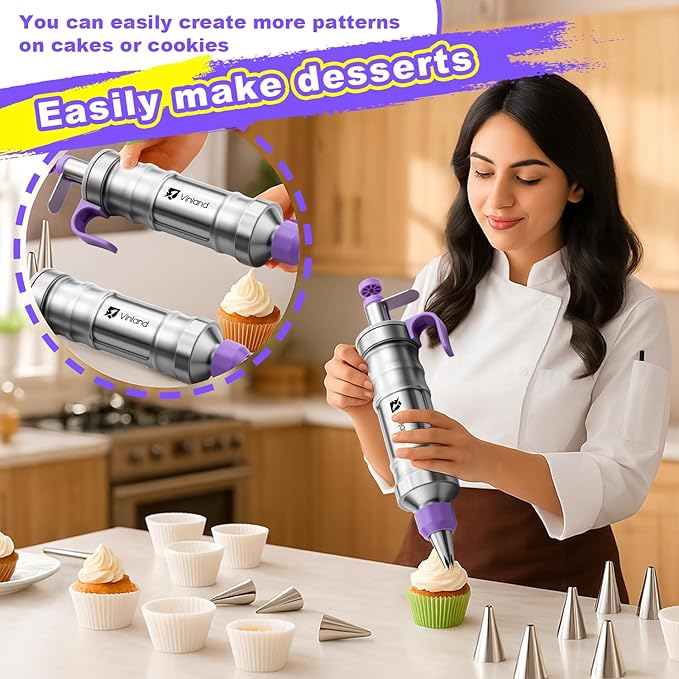Dessert Decorating Syringe Set icing piping kit Stainless Steel frosting piping kit with 31 professional piping tips 50 disposable piping bags 1 silicone spatula 1 set of soft cake scrapers, Purple