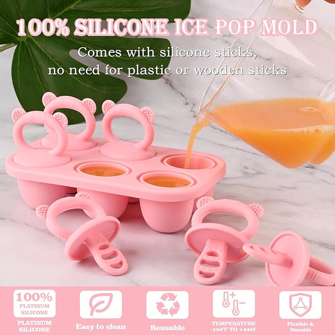Sakolla Baby Popsicle Molds Mini 6-Cavity Silicone Ice Pop Mold with Sticks Breastmilk Popsicle Molds for Teething Relief Toddler Popsicle Mold for Ice Cream Frozen Yogurt and Fruit Juice (Pink)
