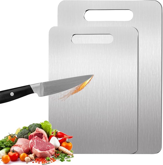 Tavano Titanium Cutting Board,100% Pure Titanium Cutting Boards for Kitchen,2026 New Non Toxic,Double-Sided Food Grade Chopping Board for Meat,Vegetable,Fruit,Outdoor Camping(M+L-2PC)