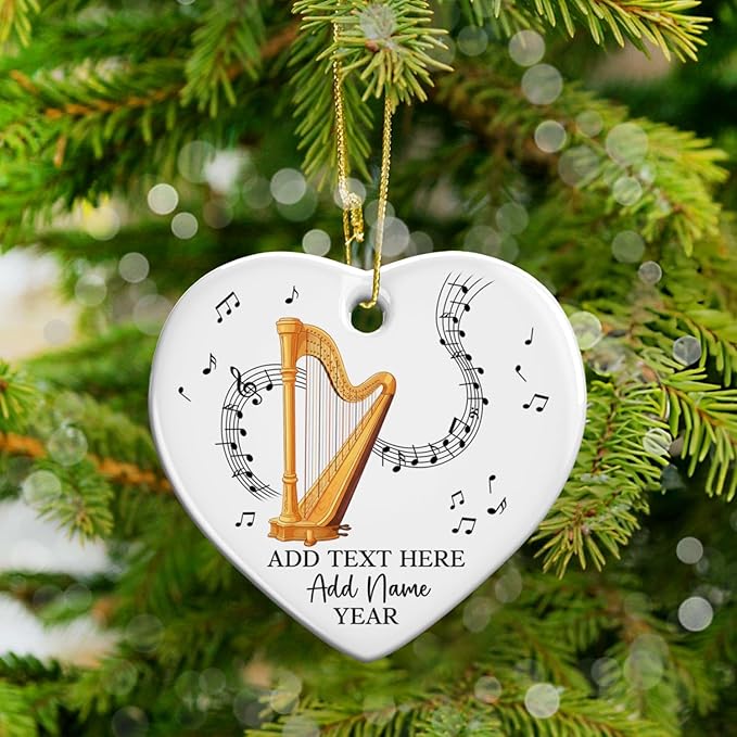 Customized Harp Music Instrument Ceramic Ornaments, Personalized Text Name Year Harpist Christmas Ornament, 2025 Xmas Ornament Gift for Harp Player Teacher Student, Musician Xmas Decorations