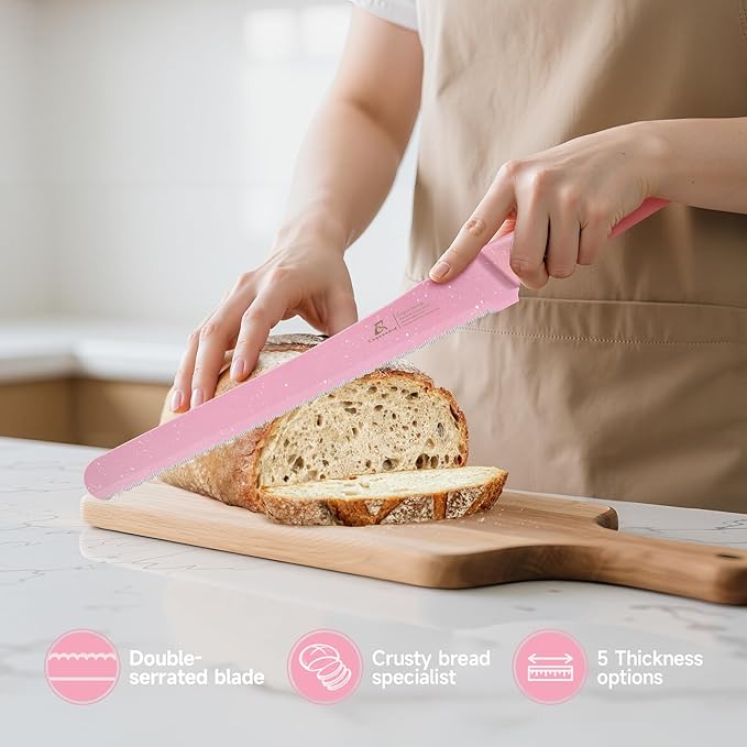 2025 Upgrade Bread Knife for Homemade Bread, World‘s 1st Double Serrated Knife with 5 Thickness Adjustable Slicing Guide, Stainless Steel Bread Cutter, Razor Sharp for Sourdough, Pink