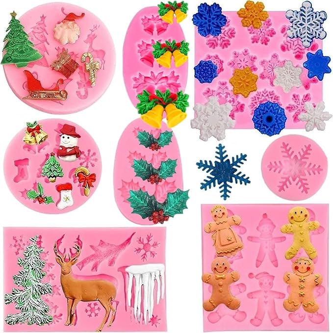 Christmas Silicone Molds Snowflake Molds Xmas Fondant Chocolate Candy Cake Molds Christmas Snowman Tree Snowflake Holly Leaves Santa Claus Baking Molds for Party Cake Decor