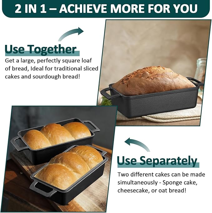 Leonyo 9 x 6 inch Cast Iron Loaf Pan with Lid, 2-in-1 Sourdough Baking Pan, Pre-seasoned Loaf Dutch Oven for Homemade Bread, Pound Cake, Lasagna, Up to 500℉ & Black