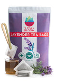Vital Bloom 120 Tea Bags Lavender Tea, Stress Relief Herbal Tea, Sleepytime Tea, 100% Natural- No Sugar, Caffeine Free, No Gluten, Vegan - Bleach Free (Free Tongs Included)