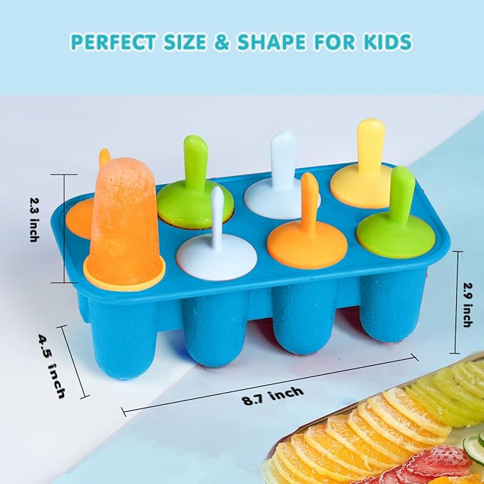 Miaowoof Silicone Popsicles Molds for Toddlers, 8-Cavity Non-BPA Premium Silicone Small Popsicle Molds, Ice Pop Mold with 8 Colorful Reusable Sticks for Kids (Blue)