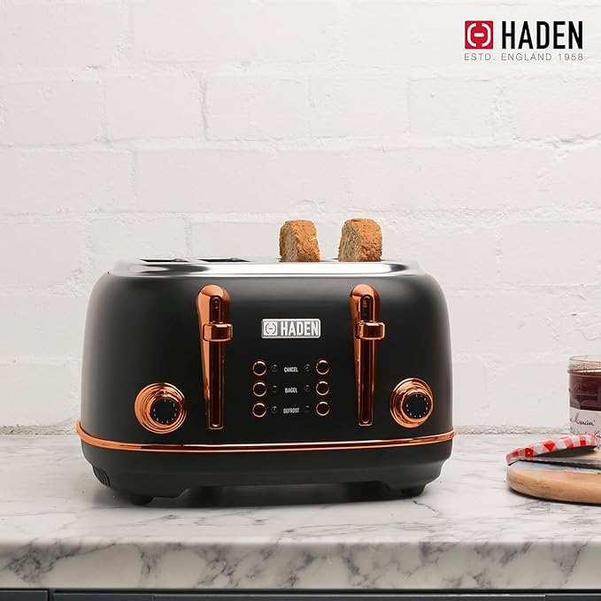 Haden Heritage 4 Slice Wide Slot Stainless Steel Toaster Bundled with 12 Cup Programmable Drip Coffee Maker Coffee Machine, Black & Copper