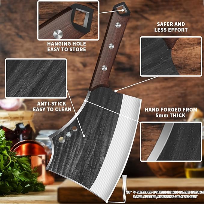 7.68" Meat Cleaver Knife for Meat Bone Cutting,Full Tang Japanese Chef Chopping Knife,Heavy Duty Butcher Axe Bone Breaker, Hand Forged Chopper for Kitchen,Gifts for Men