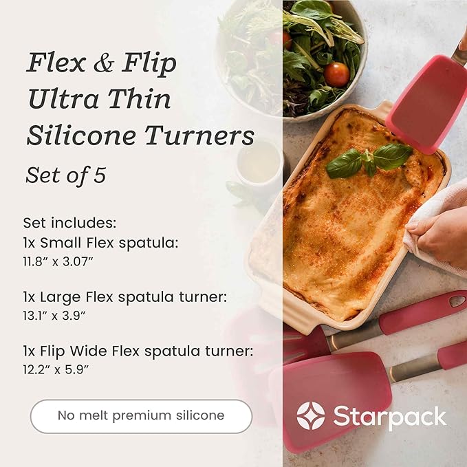Starpack 'Flex & Flip' Flexible Silicone Turner Spatula Set (3 Pcs) - High Heat Resistant Spatulas for Cooking Egg 600°F - Silicone Pancake Turner Spatula, LFGB Grade Non Stick Rubber Kitchen Utensils