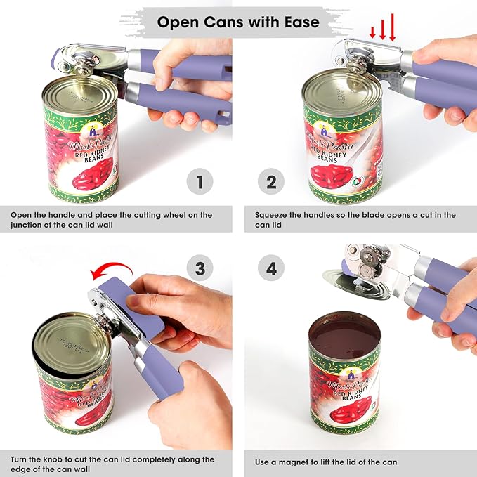 Beneno Heavy Duty Hand Can Opener Manual with Magnet, Durable Sharp Carbon Steel Blade Smooth Cutting, Big Effort-Saving Knob, Soft Grip Handle, Multifunctional Kitchen Tool with Bottle Opener, Purple
