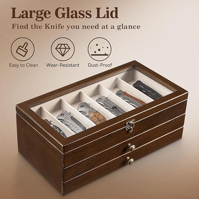 Knives Display Box, 3-Layer Pocket Knives Box Display & Storage Knives, Solid Wood Knives Box for Collections, Gift for Boyfriend Fathers Day Birthday Gifts(Walnut)