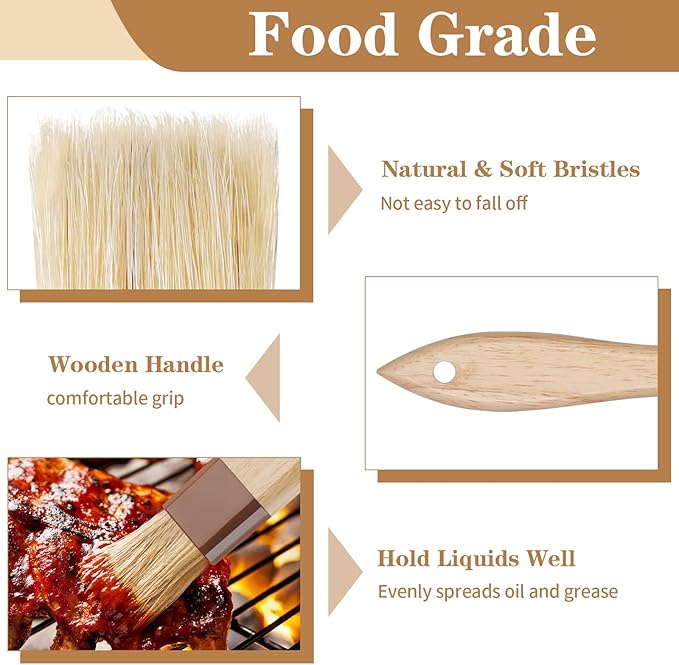 4 Pcs Natural Bristle Pastry Brush, Beech Wooden Handle Basting and BBQ Brushes for Cooking, Butter, Oil, Marinade, Grilling & Baking, Kitchen Food Brush (1.5 inch & 2 inch)