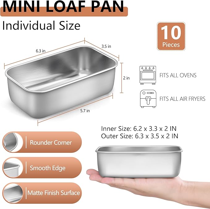 LIANYU 6.3 x 3.5 Inch Mini Loaf Pans for Baking Bread, 10 Pack Stainless Steel Small Bread Loaf Pan Mold for Homemade Meatloaf, Metal Tin Loaf Baking Pan for Banana Sourdough Sandwich, Dishwasher Safe